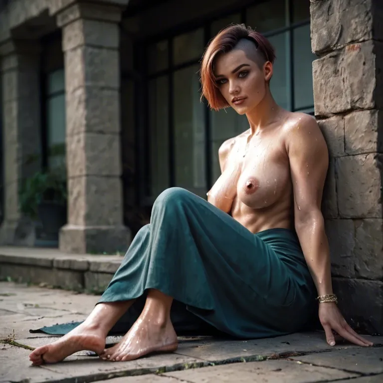 Boho dirty barefoot girl with pixie cut in long skirt topless and sweaty. Her feet are visible