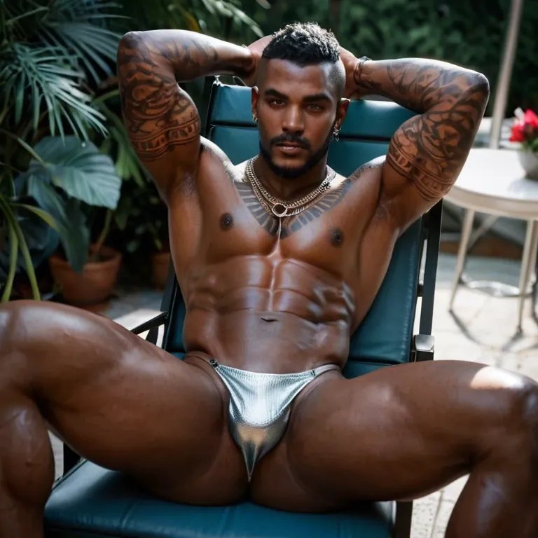 black man, 1 black laying down on chair,  arms over head, men with tattoos, outside, penthouse balcony, African man, lighting from bottom, stripper,  laying on back with legs spread, silver mesh thong, low rise thong, tattoos, skimpy thong,  model, skin tight thong, wearing thong, shiny thong underwear, bulge, tattoos, see through thong, huge penis,  holding cock, huge cock, night