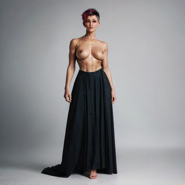 Boho dirty barefoot girl with pixie cut in long skirt topless and sweaty. Her feet are visible