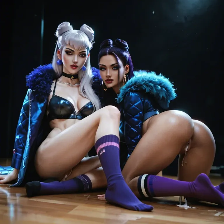 k/da evelynn, k/da kai'sa, buns, 2 girls, beautiful face, kinky eyes, lesbian, dark room, cum from pussy, blue fur coat, purple socks, on floor