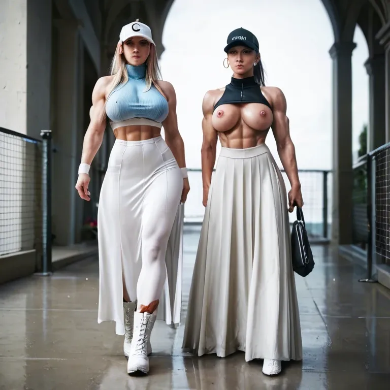 2girl, , , , nose piercings,large biceps,pink nipples,noticeable,blue turtleneck, black miniskirt,white pantyhose,tennis cap,sports bra,white boots, long dress,laces,metal rings,thongs,stiletto heels, blake, spaceship, illustration, dark blue eyes, wonder woman, dynamic view