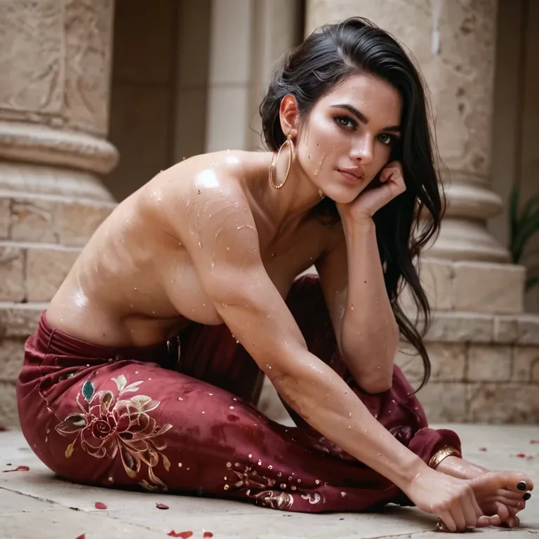 Adorable very sweaty teen girl  topless in harem pants with extremely dirty bare feet