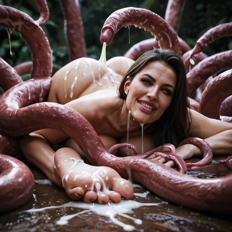 milf in the belly of tentacle monster, vore by tentacle monster, laying on front, many tentacles cumming on her soles, tentacles rubbing her full cum covered soles, many tentacles on soles, too much cum, close up view