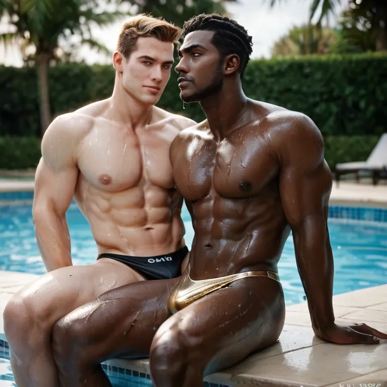 black man, 1 black men sitting together, holding each others cocks, outside, sitting beside pool, dripping wet,  African man, damian dayski,  lighting from bottom, pulling up underwear, athletic thong,  legs spread, metallic  thong, low rise thong, tattoos, skimpy thong,  model, skin tight thong, wearing thong, shiny thong underwear, bulge, thick strap, tattoos, see through thong, covered in cum,  holding cock on chin, huge cock, huge cock,