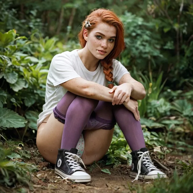 Nature, Teen, Redhead, braided hair, freckles, purple stockings, converse chucks, wide t shirt, panties pulled down to knees, bukakke