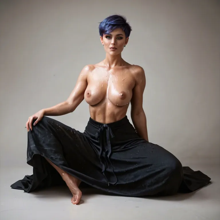 Boho dirty barefoot girl with pixie cut in long skirt topless and sweaty. Her feet are visible