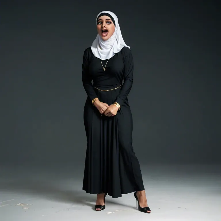 Full body scared woman with hijab brassier and skirt. She has big tits Open mouth. Cum in full body