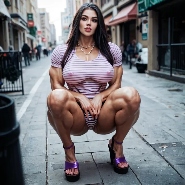 1girl,solo, , , , catching,large biceps,pink nipples,city background,knees, thick lips,finger,covered nipples,adorable face,purple necklace, shirt,striped clothes,beaded jewelry,hand on panties,sandals, hotel room, dark alleyway, tavern, table, tifa lockhart, jasmine, waifu