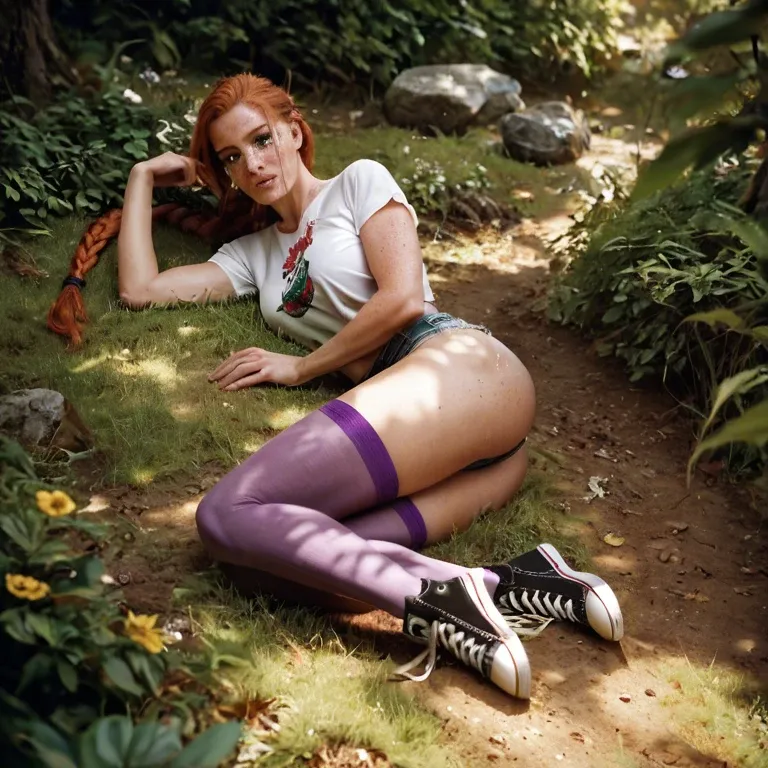 Nature, Teen, Redhead, braided hair, freckles, purple stockings, converse chucks, wide t shirt, lying down, group sex, crying