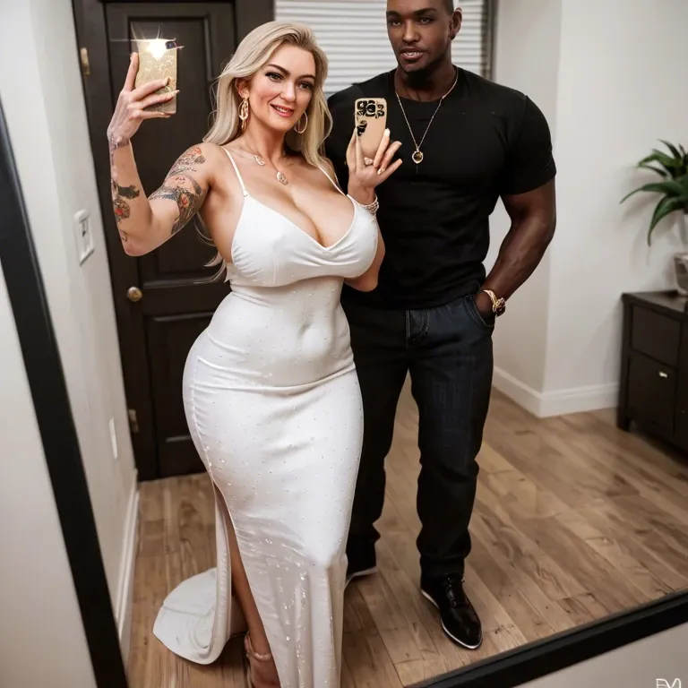 I'm a cuckold, can you give me a picture for beautiful milf blonde  with a black man, full shot,sexy dress  , dark skinned male , high quality , beautiful face, cum on tits, selfie,full body tattoos, tattoos