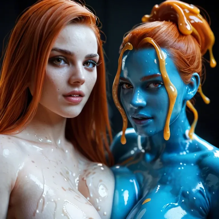 2 girls, Big tit's, redhead, pale, nude, oiled, cream pie, slime girl, girl cock, shemale fucking female, blue skin, see through skin, full image, slime girl cock in pussy,