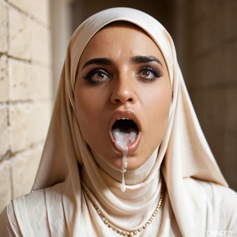 scared woman with hijab dress. Open mouth. Cum in mouth