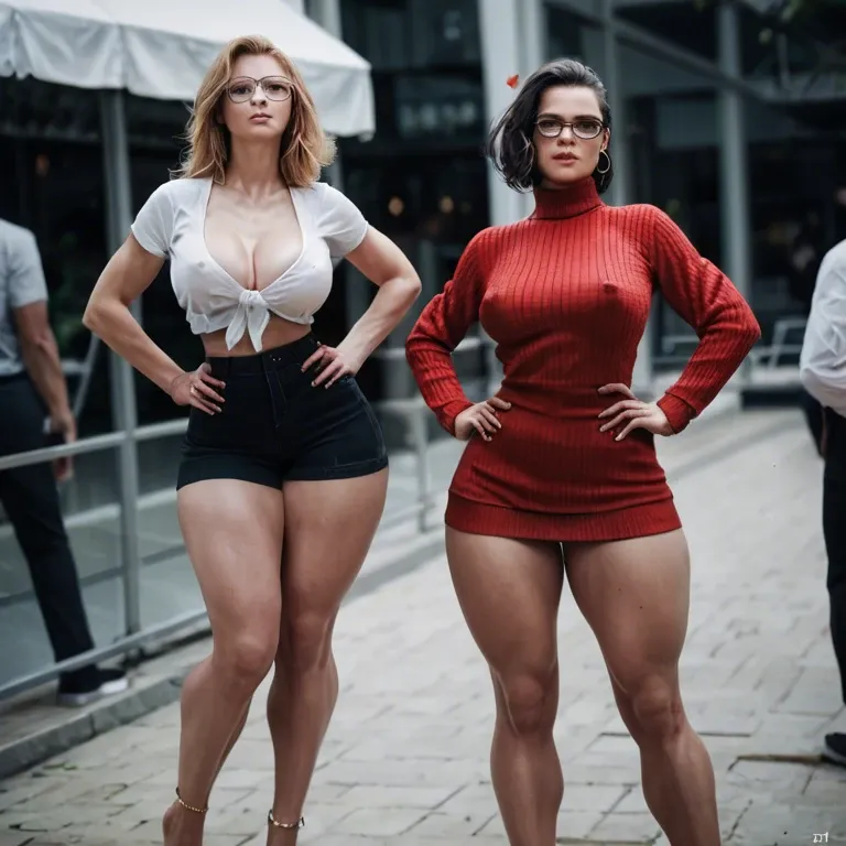 2girl, , , , twitching,large thighs,nipple tweak,hunchback,skin, cheek bulge,trained thighs,big perky boobs,hands on waist,on her knees, red sweater,anklets,glasses,one-piece,heels, lift dress up,torn thighhighs,linked collars,white panties,knee boots, bathroom, restrained, ultra-detailed, dark skin man, spider-gwen, mari makinami