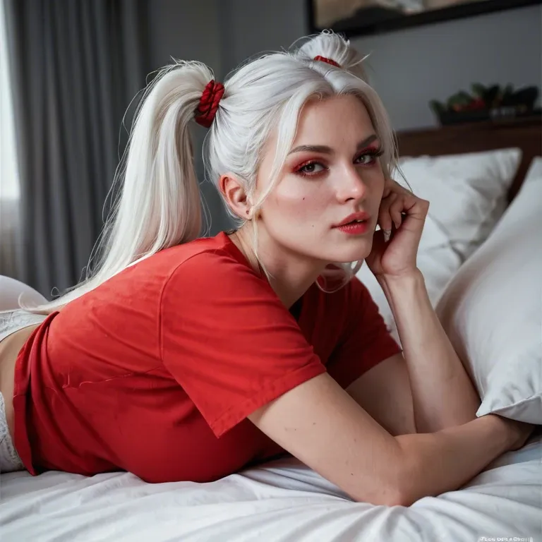 she has white hair in ponytails, she is wearing white stockings with red stripes. bright room guy in red USSR T-shirt blond, fucks girl lying in front of him on bed,