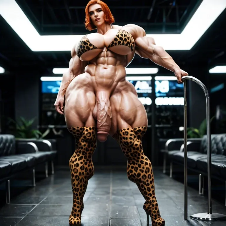 Black Widow, Massive bodybuilding female, massive muscular trapèze, massive muscular épaule, massive musclar biceps, nude boobs, muscle abdos, hyper muscular legs, Leopard Print Stockings, club de strip-tease, futa bigest cock