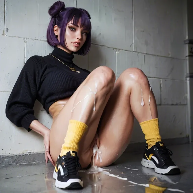 bob cut, purple hair, buns, cum from pussy, filled pussy, on wall, cum on legs, feet covered in cum,yellow fuzzy socks, black crop sweater, black sneakers