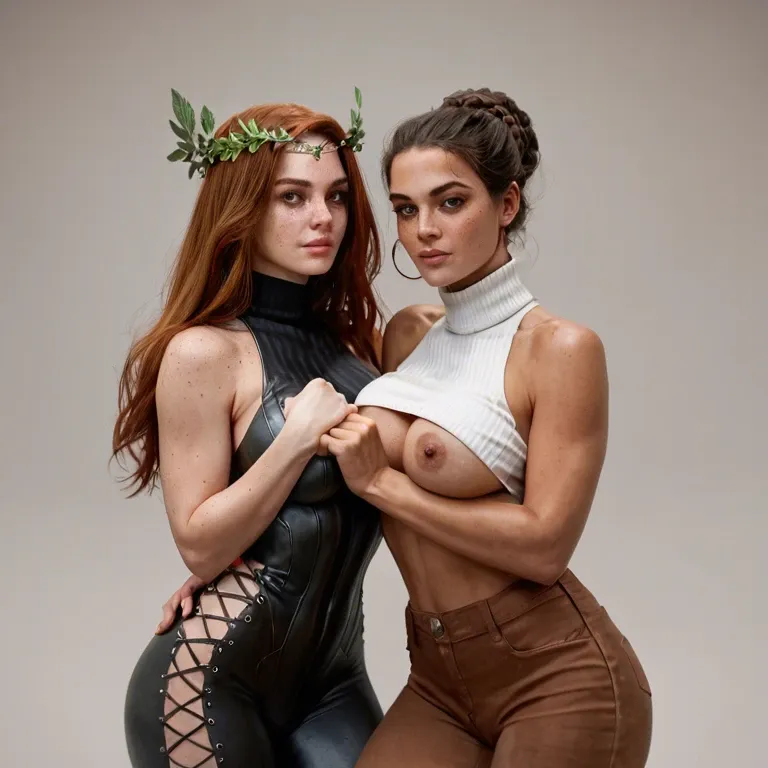 2girl, , , , freckled face,feet,round breasts,wide hip,colored skin, nose,bare arms,perky big tits,breasts squeeze,turtleneck, brown pants,laced bodysuit,laurel crown,black bodysuit,thigh boots, black dress,socks,dog collar,hand on panties,brown boots, pink dress,black stockings,tied,latex bodysuit,thigh boots, bedroom, on beach, robot body, semi realistic, man in the dark, wonder woman, dynamic angle