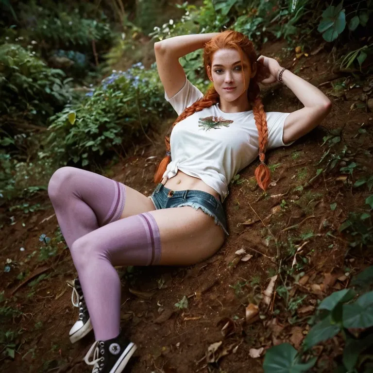 Nature, Teen, Redhead, braided hair, freckles, purple stockings, converse chucks, wide t shirt, lying down, cumshot