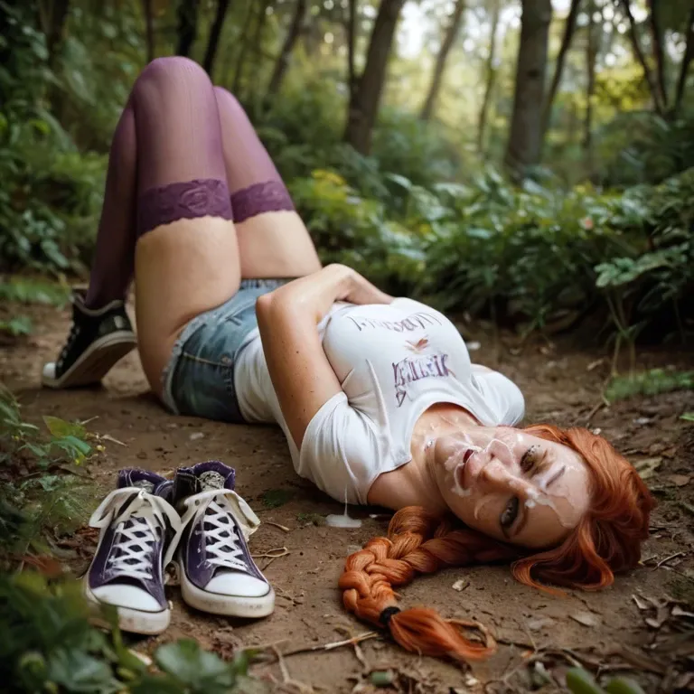 Nature, Teen, Redhead, braided hair, freckles, purple stockings, converse chucks, wide t shirt, lying down, cum on face