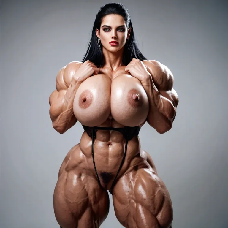 Massive bodybuilding female, massive muscular trapèze, massive muscular épaule, massive musclar biceps, nude boobs, muscle abdos, nude hairy pussy, hyper muscular legs, massive muscular mollet, female lingerie bas porte jarretelle