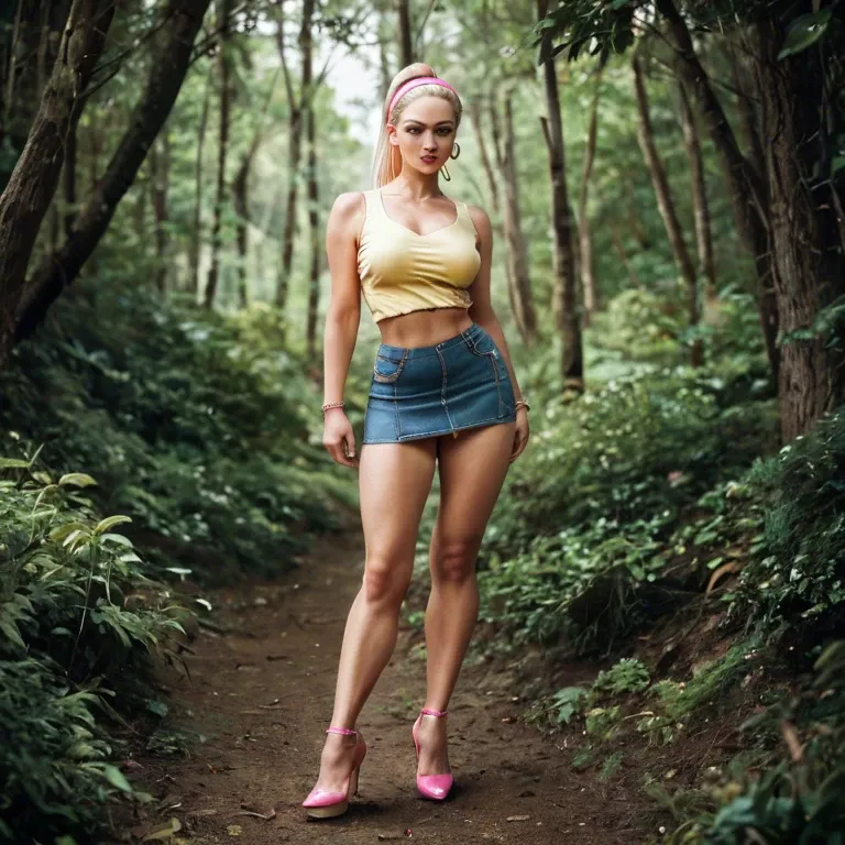 Blonde, ponytail, hairband, pink ear rings, neon yellow top, pink high heels, mini skirt, nature, spread leags, pussy wide open