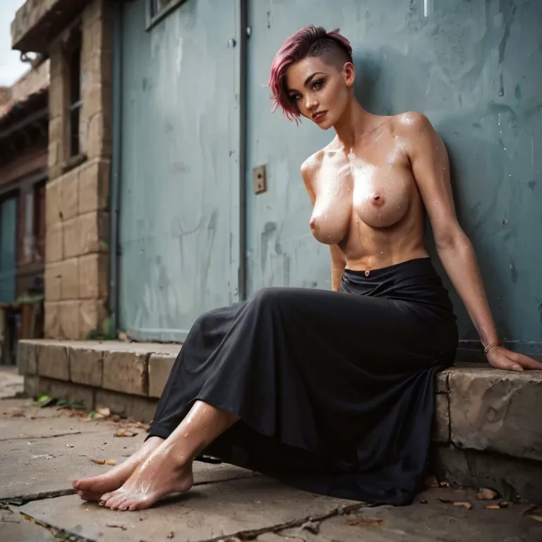 Boho dirty barefoot girl with pixie cut in long skirt topless and sweaty. Her feet are visible