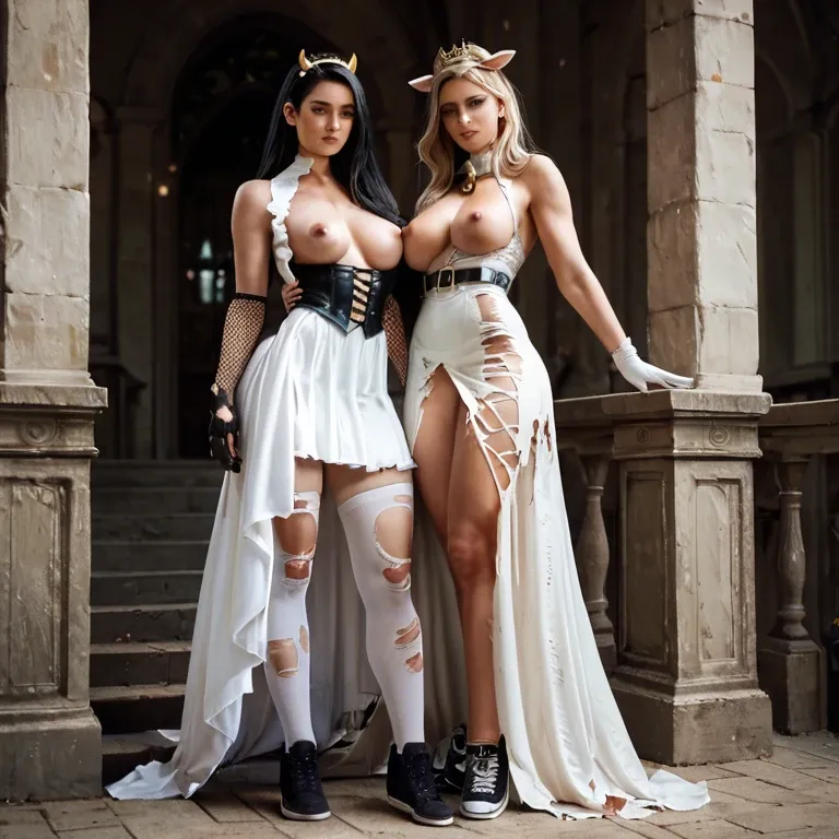 2girl, , , , balls on nose,fat knees,nipples visible,slim waist,broad shoulders, dress,torn thighhighs,golden tiara,white lingerie,black sneakers, cow costume,fishnet gloves,black belt,micro thong,stiletto heels, office, sparkles, medieval prison, realistic photo, bright day, spider-gwen, asuka