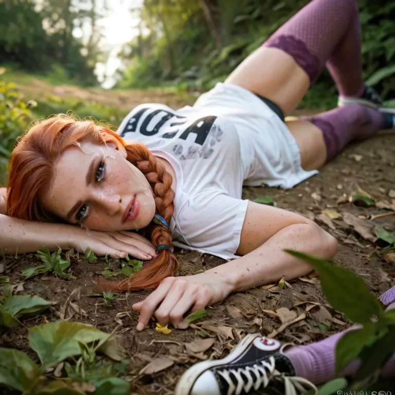 Nature, Teen, Redhead, braided hair, freckles, purple stockings, converse chucks, wide t shirt, lying down, bukakke, crying