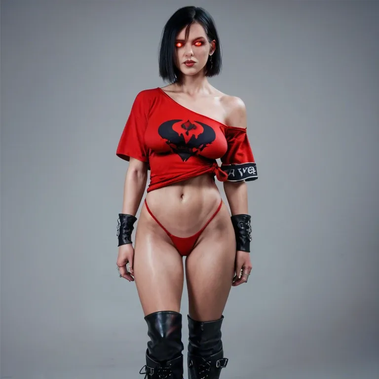 1girl,solo, , , , glowing eyes,armband,saggy breast,love handles,off-shoulder, lifted t-shirt,leg warmers,rings,string bodysuit,gothic boots, red dress,black lace bra,shaped jewelry,cotton panties,heels, streets, cyberpunk, robot eyes, realistic style, bright eyes, wonder woman, ariel waifu