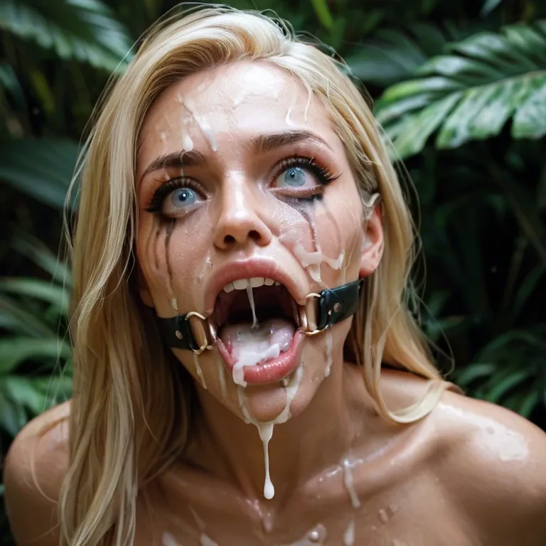 close up, golden shower in girl's mouth, kneeling  naked girl, in jungle, big tits, blonde hair, blue eyes scared, screaming, gagged, mascara running, bukkake cum face bukkake tits, thick cum in hair, cum on eyes,