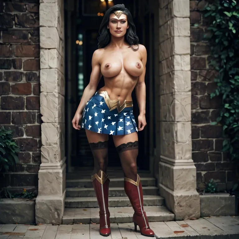 Wonder Woman, naked boobs, standing, stockings, knee high boots, skirt