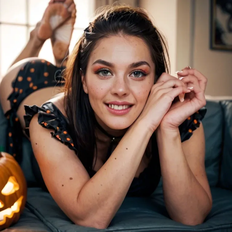 Adorable girl in erotic barefoot Halloween costume showing off her dirty soles