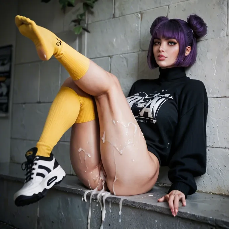 bob cut, purple hair, buns, cum from pussy, filled pussy, on wall, cum on legs, feet covered in cum,yellow socks, black crop sweater, black sneakers