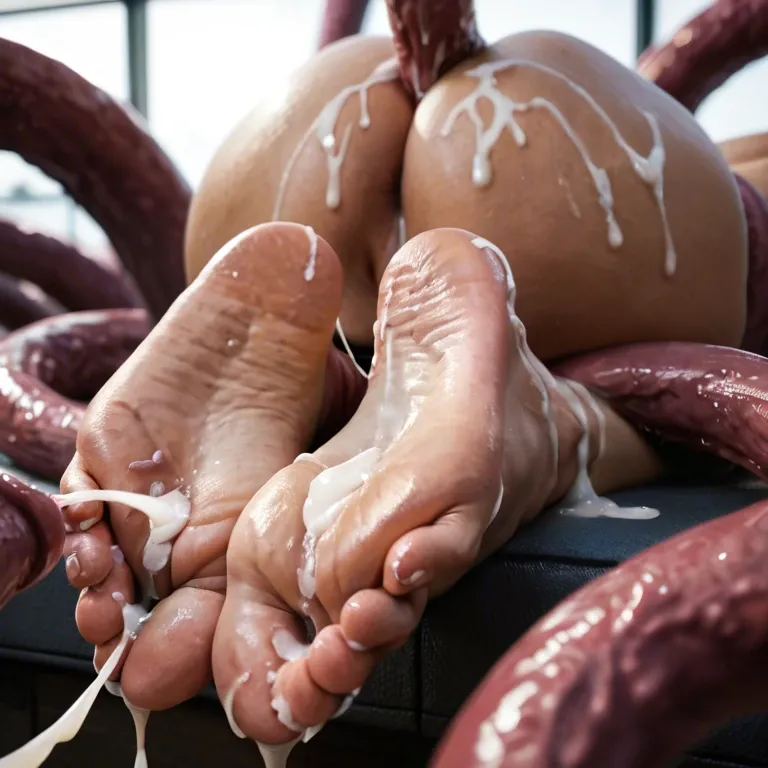 milf in the belly of tentacle monster, laying on front, many tentacles cumming on her soles, tentacles rubbing her full cum covered soles, too much cum, close up view