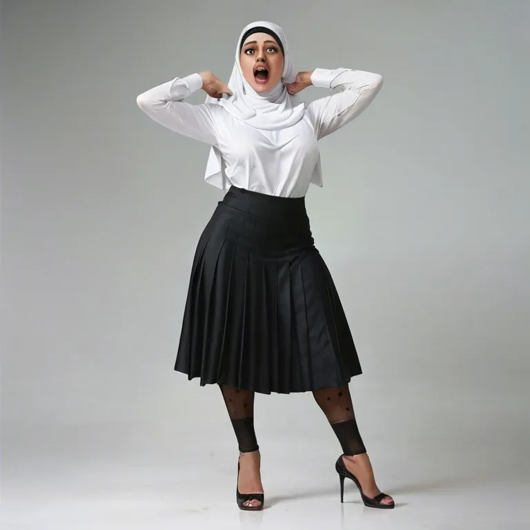 Full body scared woman with hijab brassier and skirt. She has big tits Open mouth. Cum in full body