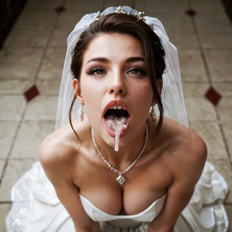 Full body happy woman with wedding dress. Open mouth. Cum in mouth