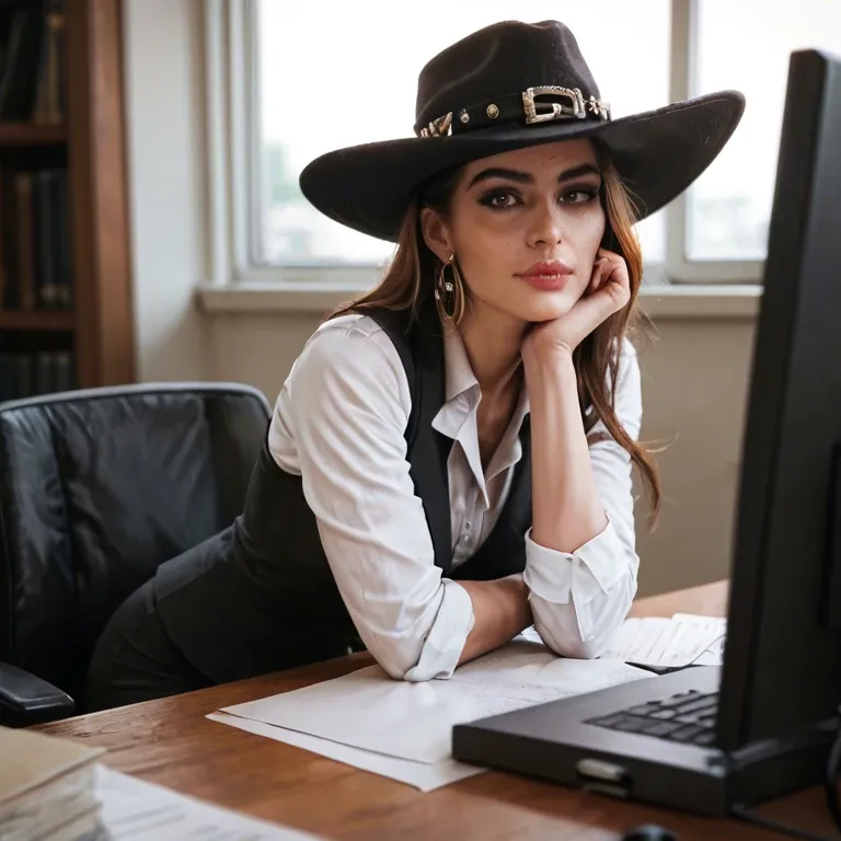 Bottomless girl in office, dressed just in boots and hat