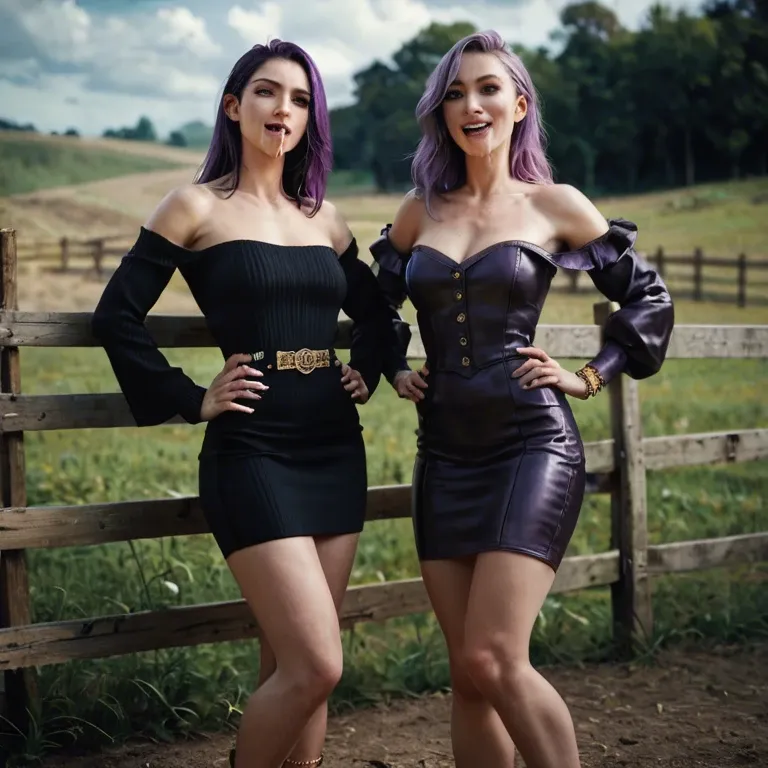 2girl, , , , mouth drooling,hands on waist,round boobs,farm background,light skin, nose ring,thin ankles,round boobs,arched back,bare shoulder, black jacket,gold anklets,purple necklace,frilled bikini,running shoes, bara, daphne blake, princess zelda, jasmine, sailor moon