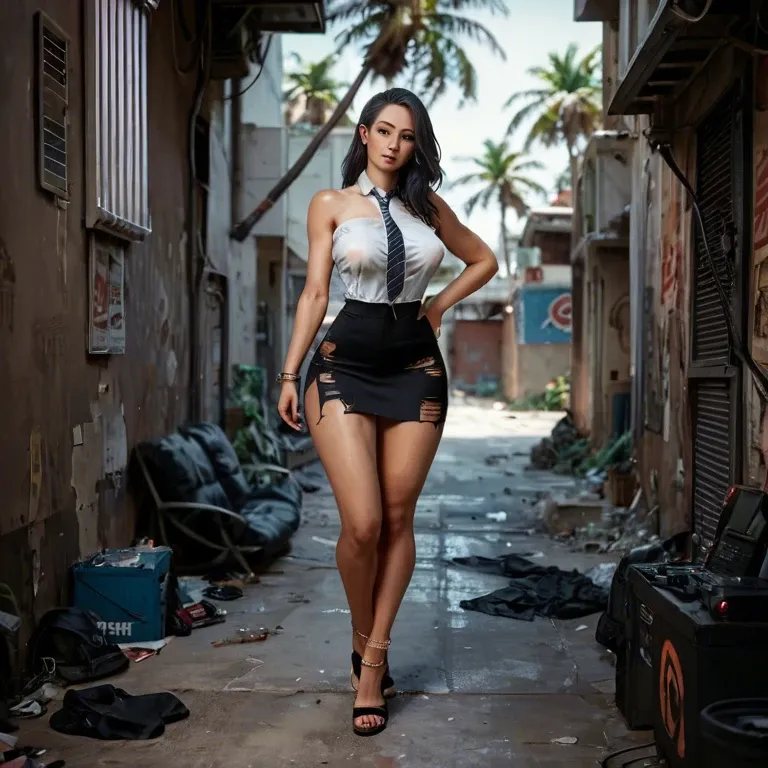 1girl,mole,palm tree,hard nipple,,black heel,swollen nipple,waist grip,free shoulders,ripped skirt,anklets,tie clip,thong,sandals,gamer bedroom,dark alley,spaceship,highly detailed,highly lit