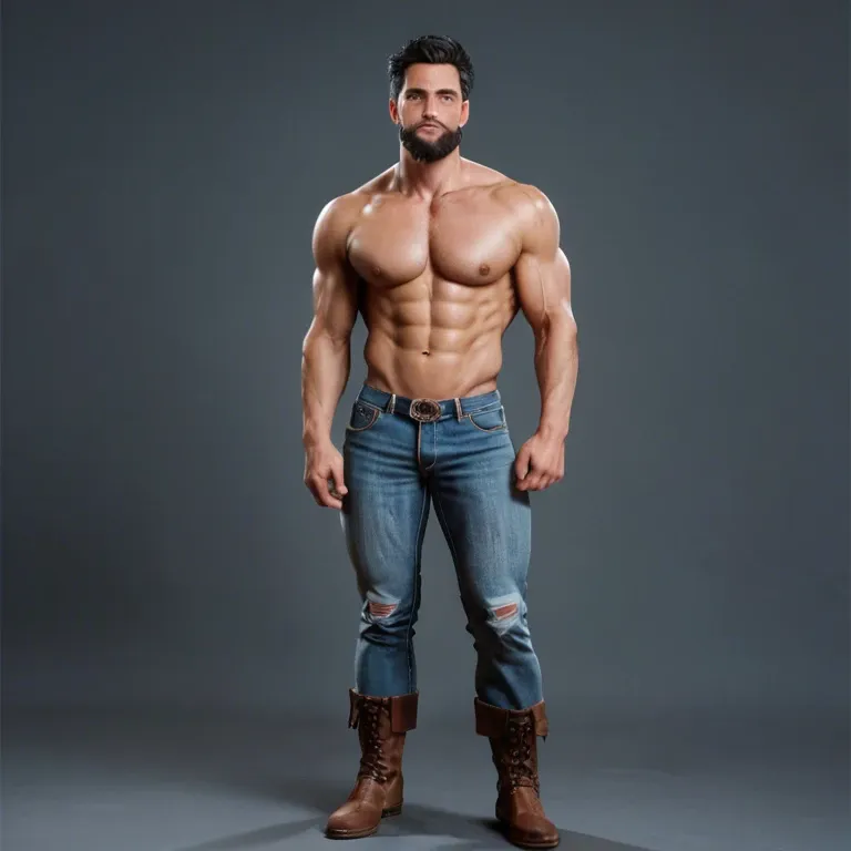 1 man, full body, caucasic, black hair, peinado hacia atras, big beard, athletic body, jeans, boots, muscular arms, sin camisa