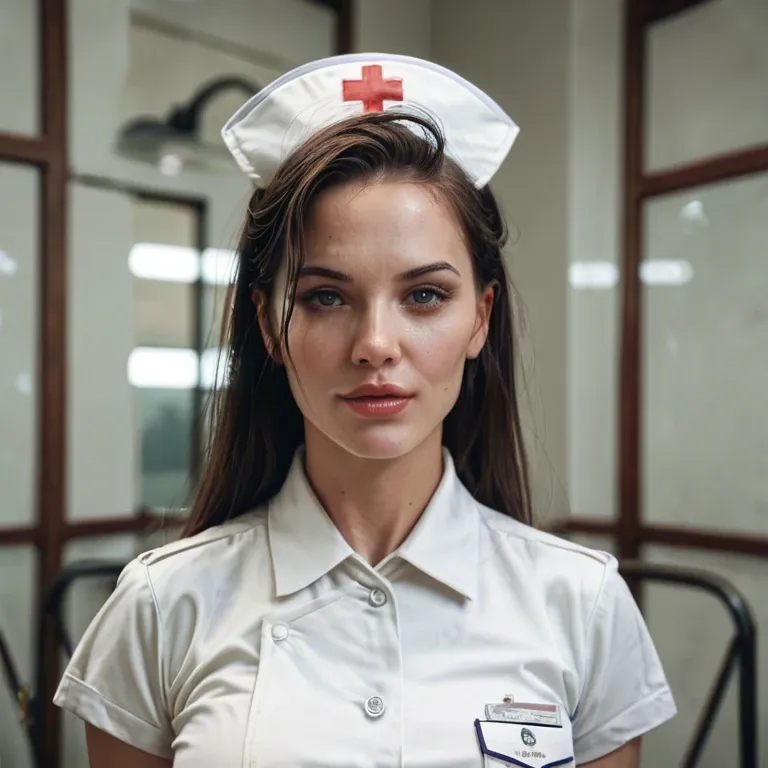 Average looking but attractive young woman dressed in a classic, white, skirted nurse's uniform