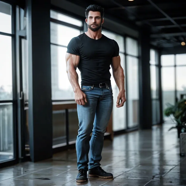 1 man, full body, caucasic, black hair, peinado hacia atras, big beard, athletic body, jeans, muscular arms, sin camisa, height 1.85 cm, 115 kg, handsome