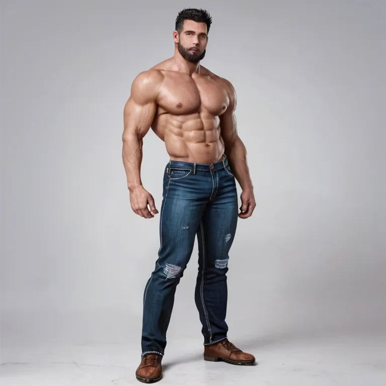 1 man, full body, caucasic, black hair, peinado hacia atras, big beard, athletic body, jeans, muscular arms, sin camisa, height 1.85 cm, 115 kg, handsome, barba frondosa y poblada