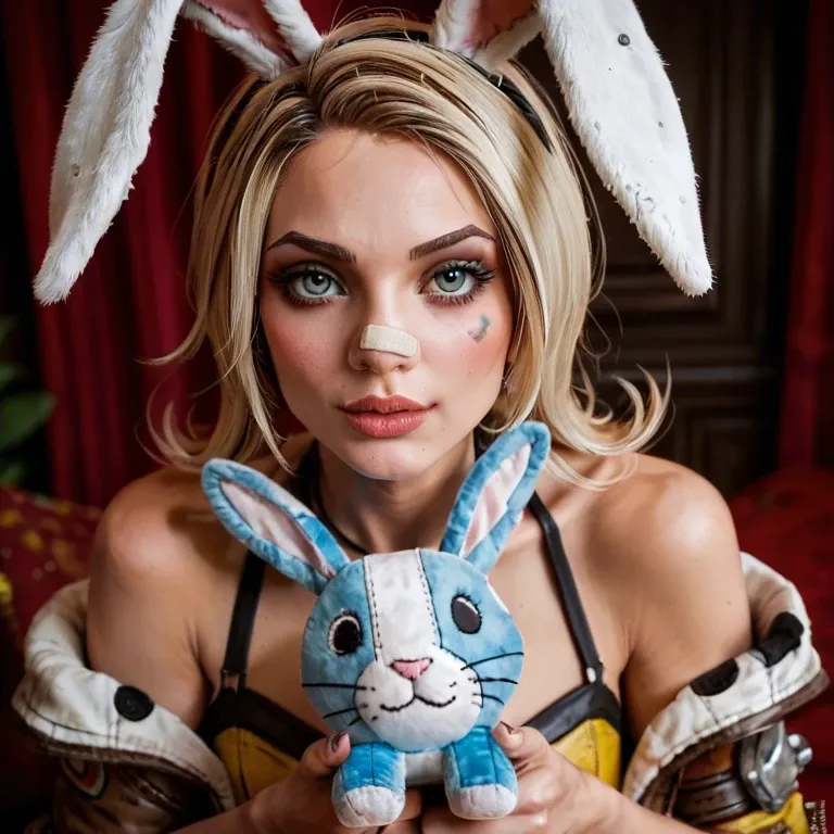 Borderlands, Tina, ariana greenblatt cute, adorable,rabbit ears, (holding stuffed toy) slim,  ,blonde, plaster on nose,