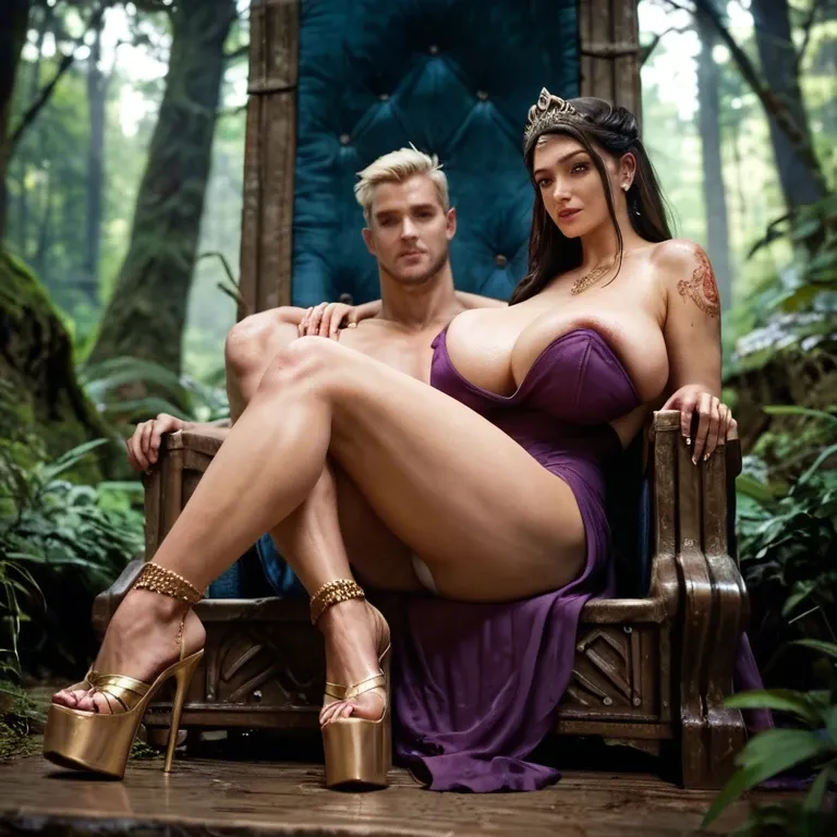 1girl,1boy, , , , dimples,feet tied,huge breast,absurd quality,shoulder tattoo, purple dress,gold anklets,tiara,panties visible,platform heels, fantasy forest, throne room, glowing dildo, cyborg, anna and elsa, ariel waifu