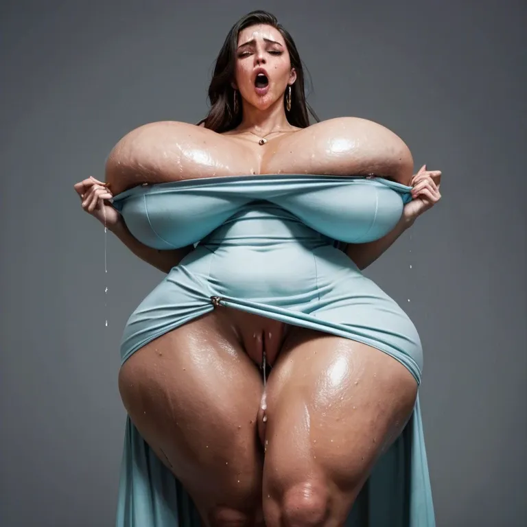 A sweating Voluptuous woman touching her crotch as she has an intense orgasm, she's embarrassed, gigantic sagging breasts, gigantic ass, tight dress, dripping pussy, orgasm face