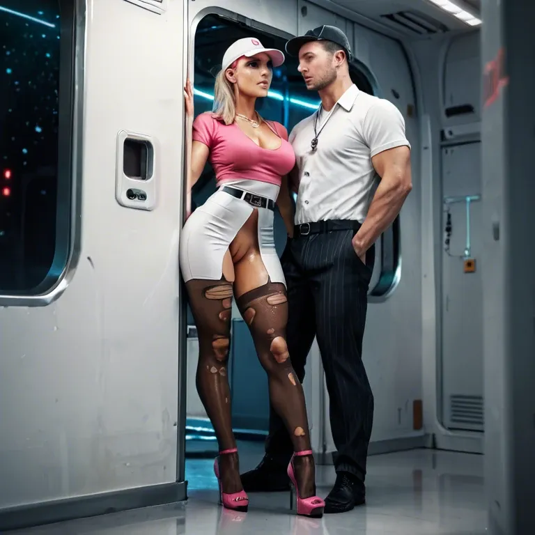 1girl,1boy, , , , nose ring,dripping thigh,medium boobs,spaceship,shiny skin, pink t-shirt,necklace,tennis cap,crotchless,heels, office dress,torn thighhighs,belts,red corset,high heels, hoodie,knee-high socks,sunglasses,lace lingerie,shoes, gamer bedroom, cyberpunk, obedient, detailed face, chiaroscuro, zelda, elsa, ariel waifu