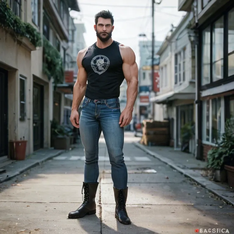 1 man, full body, caucasic, black hair, peinado hacia atras, big beard, athletic body, jeans, boots, muscular arms