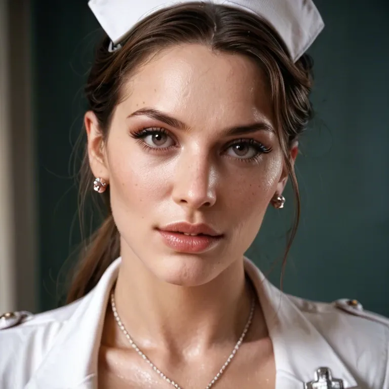 Average looking but attractive young woman dressed in a classic, white, skirted nurse's uniform