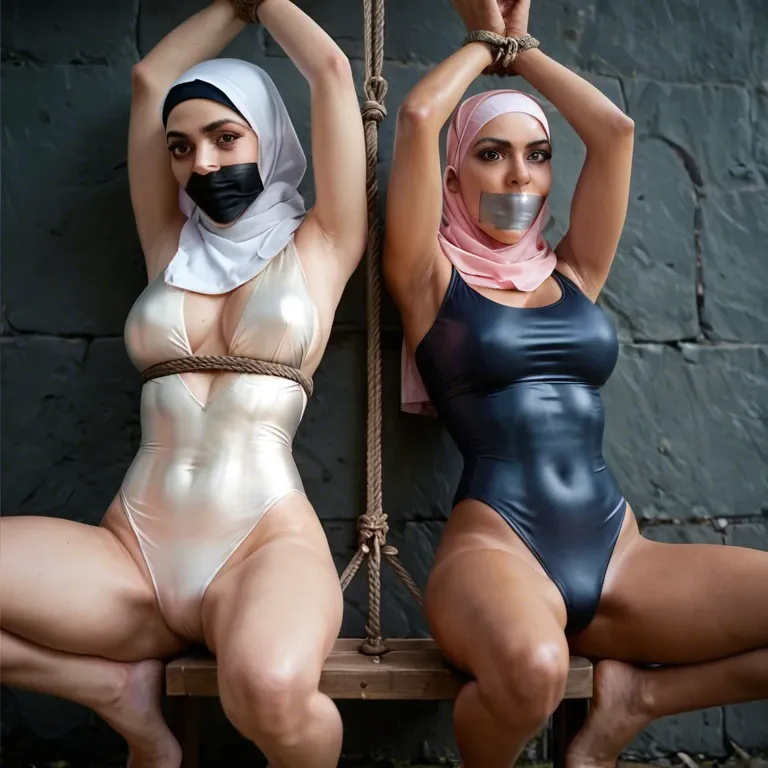 Two Hijab teen girls slim face tape gag in seethrough swimsuit hands tied up above head legs spread tied up in basement